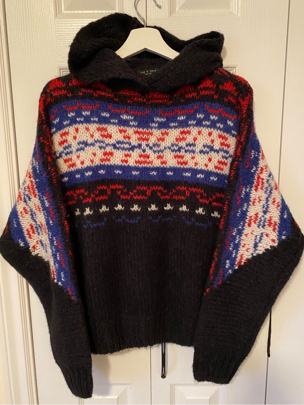 rag & bone Mohair Alpaca Hooded Sweater Red Blue Cream Fair Isle Handknit  Small